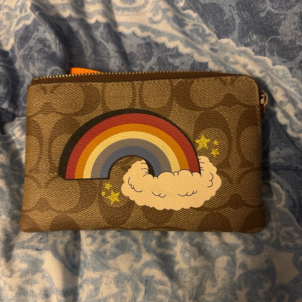 Coach Brown Wristlet with Rainbow Design